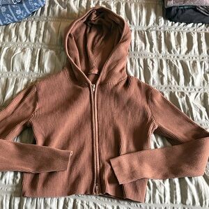 Cropped Ribbed Zip-Up Hoodie in Dusty Rose